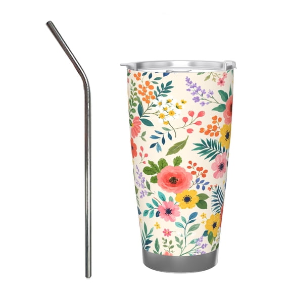 20oz Colorful Wildflower Tumbler with Handle and Straw Floral Insulated Travel Coffee Cup Gift with Stainless Steel Straw