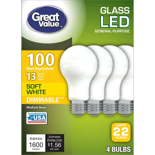 Great Value Led 13 Watt 100w Equivalent Soft White Frosted Light Bulbs Medium Base 22 Year Life 4pk Com Great Value Led 13 Watt 100w, Grn Table Lamp With Led Bulb Frosted Glass Whiteboard