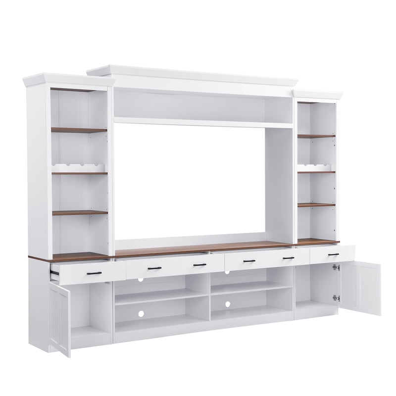 Farmhouse 4-Piece Entertainment Center with Bookshelves for TVs Up to 70", TV Stand with Storage Cabinets, Drawers, Adjustable Shelves and Wine Rack, Mid-Century Media Console for Living Room