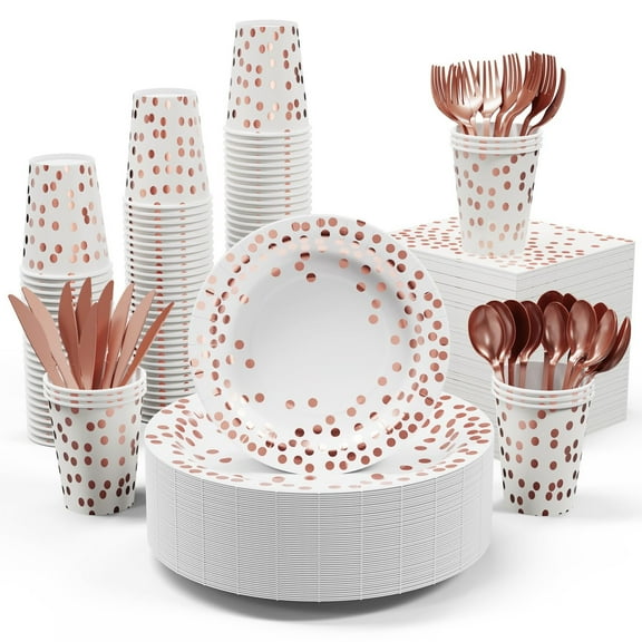 White and Rose Gold Polka Dot Disposable Tableware Set, Shiny Foil Printed Paper Cups & Plates for Weddings and Parties