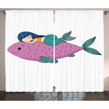 Mermaid Curtains 2 Panels Set, Baby Mermaid Sleeping on Top Giant Fish Happy Best Friends Kids Nursery Theme, Window Drapes for Living Room Bedroom, 108W X 84L Inches, Purple Teal, by