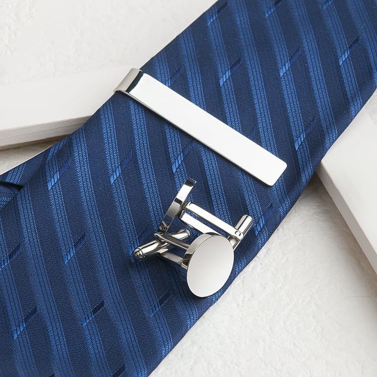 Silver tie bar and cufflink set with logo