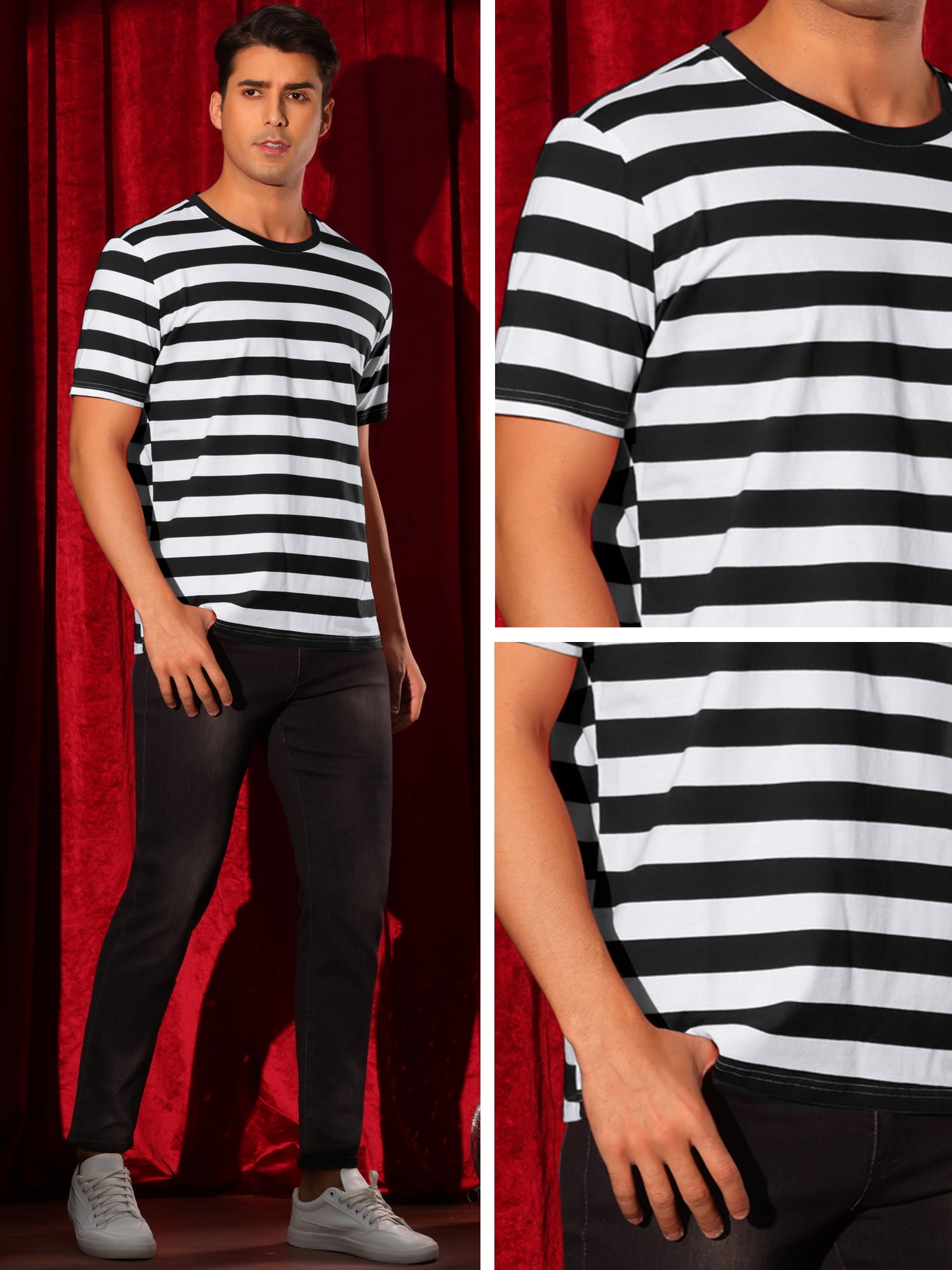 DARING DIVA Men's Striped Short Sleeve Crew Neck Casual Stripes T Shirt S Black White