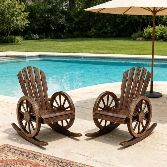 Set of 2 Wooden Wagon Wheel Rocking Chair, 2 PCS Outdoor Rocking Chair with Slatted Back and Wheel Armrests for Porch,Garden Lawn, Rustic Brown