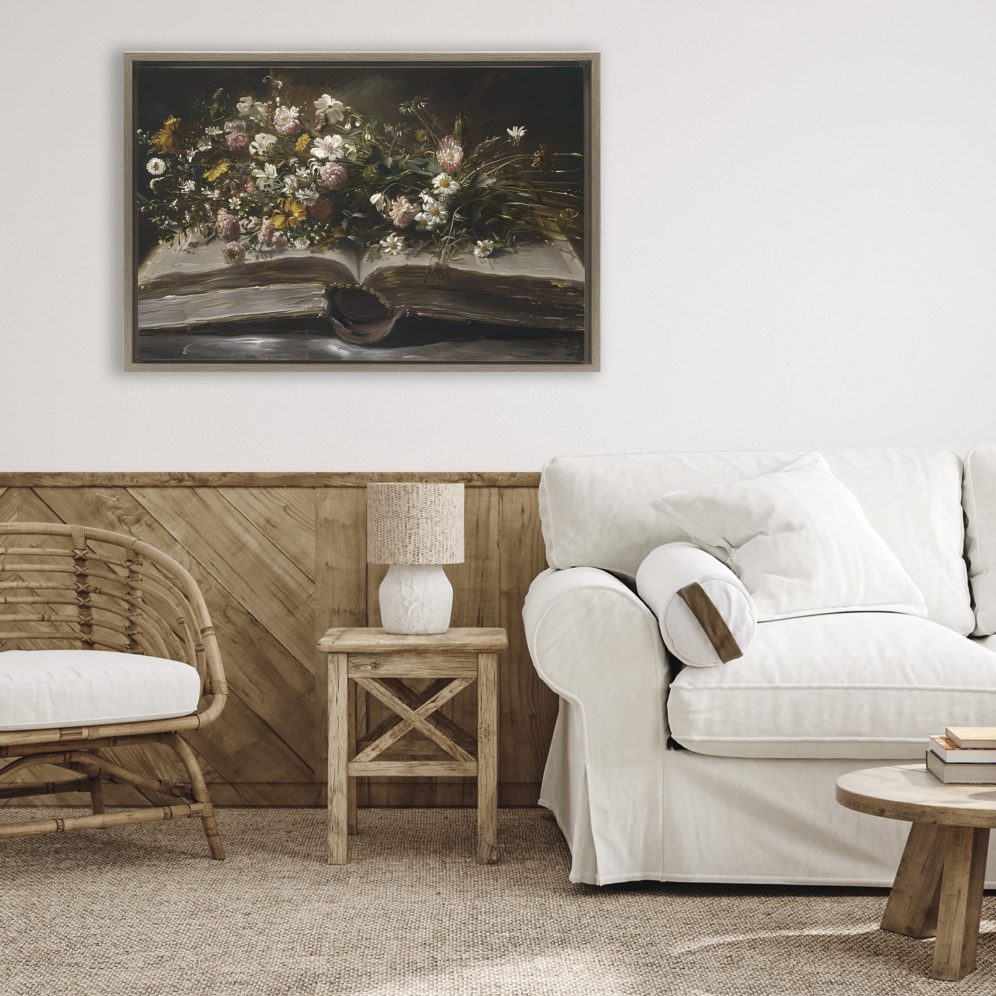 Stupell Industries Antique Floral Open Book Brown Framed Floater Canvas Wall Art, design by Jacky Ngan