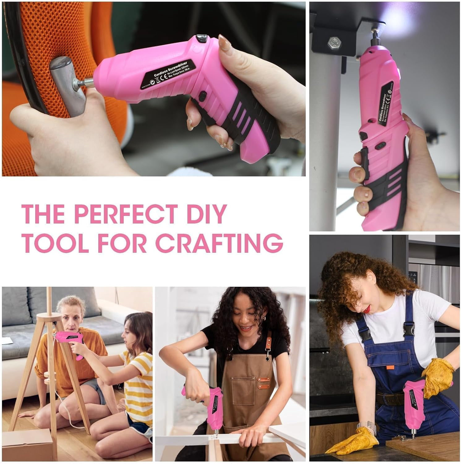 Pink Cordless Electric Screwdriver Set, 3.7V Rechargeable Small Electric Drill with 47pcs Driver Bit Set, Power 3Nm with 2 Position Handle, ible Shaft LED Light for Women