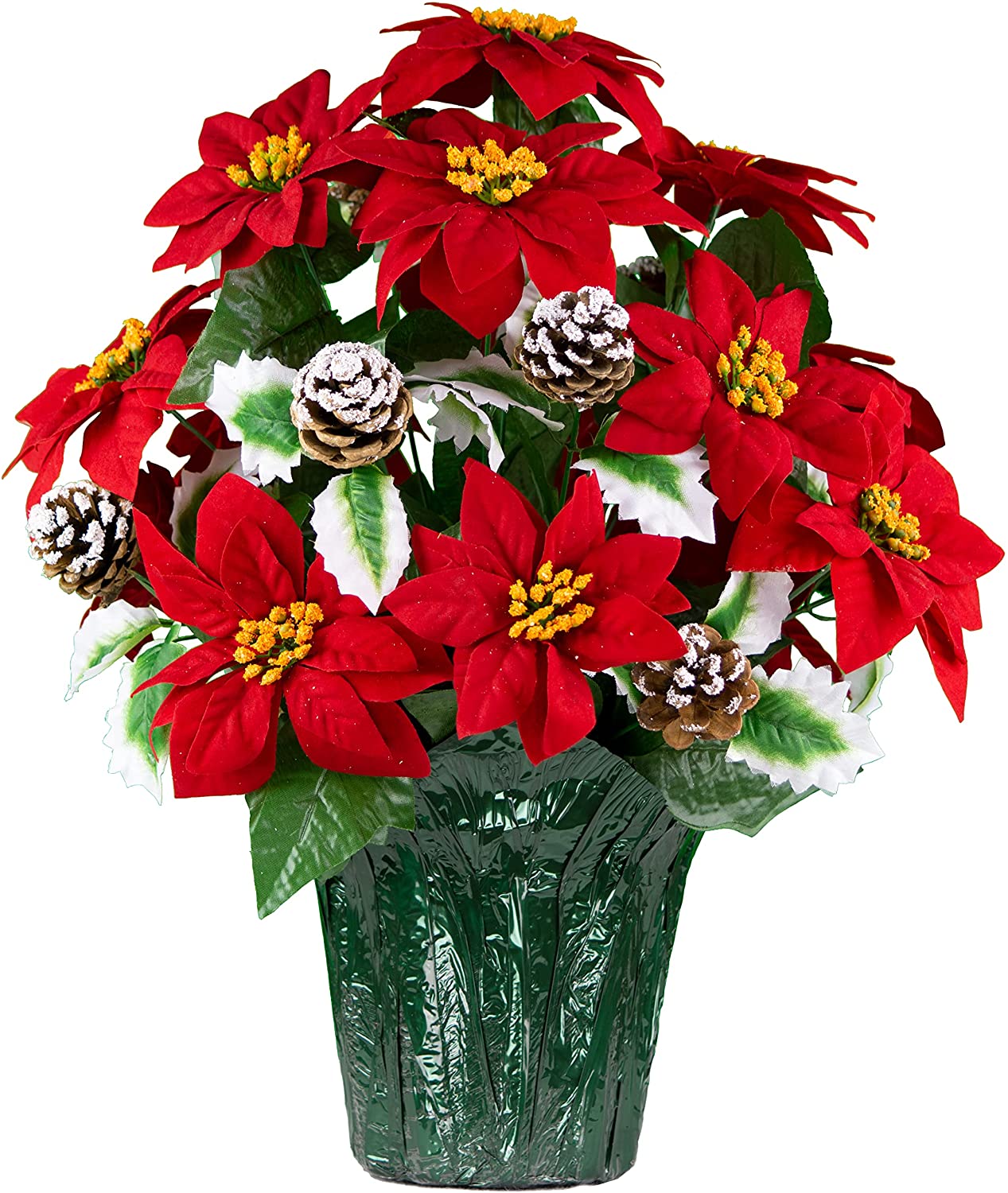 Sympathy Silks Artificial Christmas Poinsettias with Pinecones Pot 18