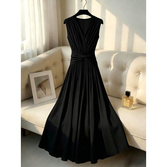 Black Satin V-Neck Sleeveless Twist Waist Draped Maxi Dress Formal Gown Elegant Womens Evening Dress