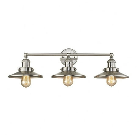 

Three Light Steampunk Vanity Light Fixture- Exposed Bulb Bathroom Light with Round Back Plate and Straight Arm-Satin Nickel Finish Bailey Street Home
