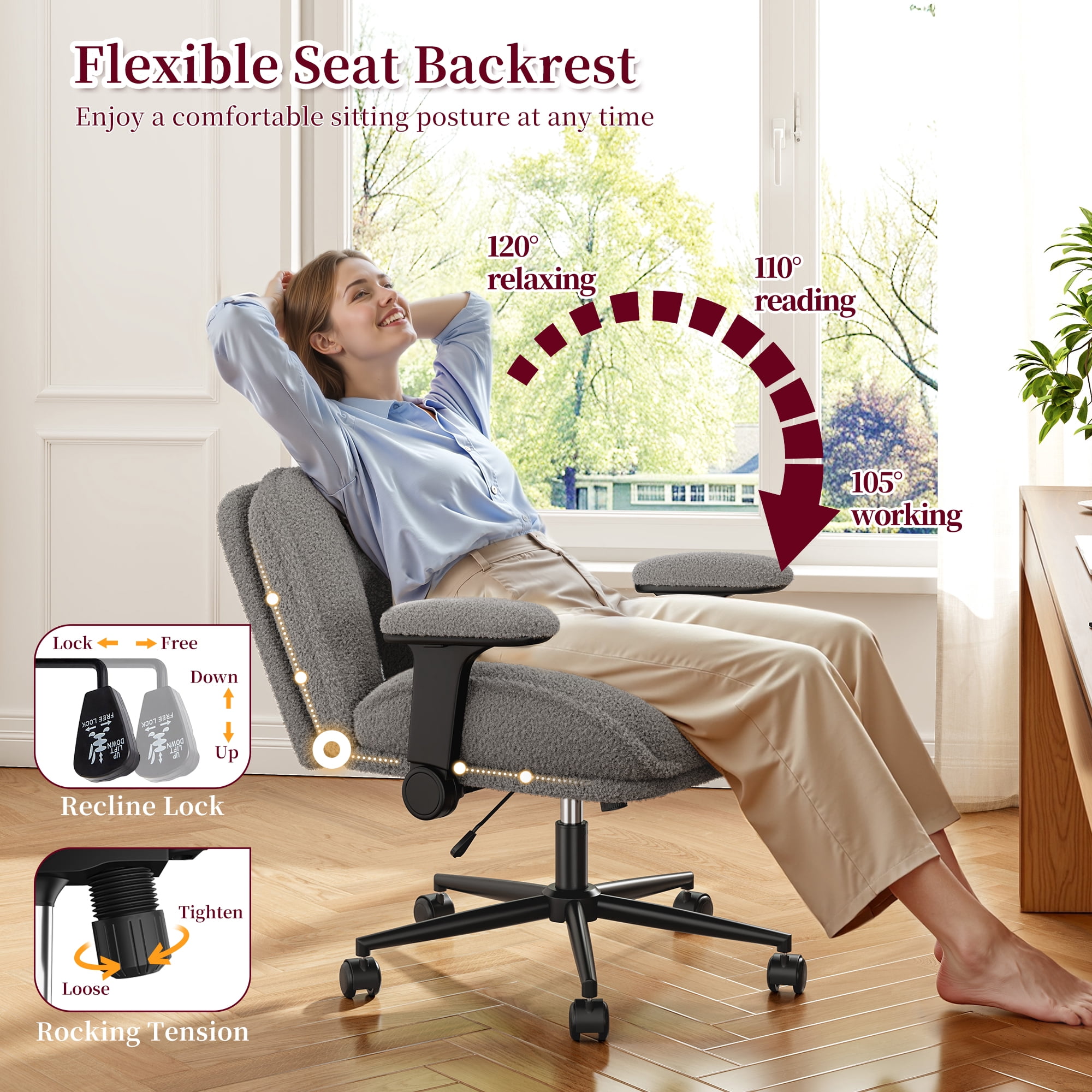 Romorgniz Criss Cross Chair with Adjustable Arms & Lumbar Support Office Chair with Reclining Back, Thick Cushion & Wheels for Office, Gaming, Reading, Grey