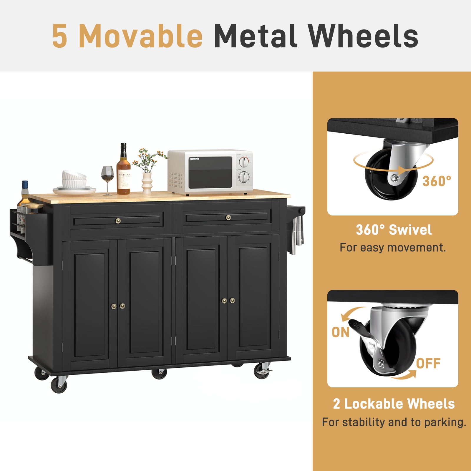ANPOO 55" Movable Kitchen Island with Drop Leaf and Power Outlet, Rolling Kitchen Cart with Rubber wood Countertop, Island Table on Wheels for Kitchen w/2 Drawers, Spice Rack, Adjustable Shelves