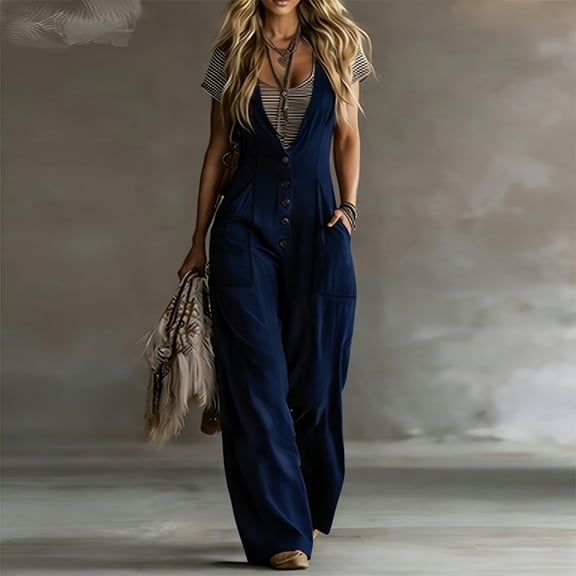 Morttic Women's Solid Color Sleeveless V-Neck Jumpsuit – Button Front Wide Leg Overalls with Pockets, Casual Summer One Piece Dark Blue,S