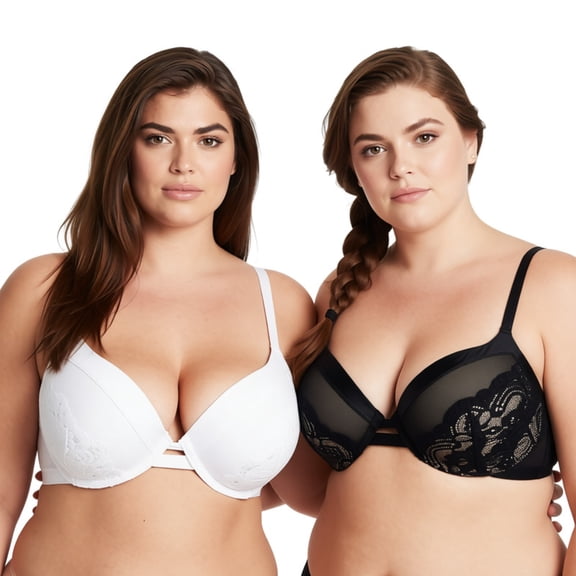 Curve Muse Women's Plus Size Push Up Add 1 Cup Underwire Perfect Shape Lace Bra-2PK-Black,Cream-32B