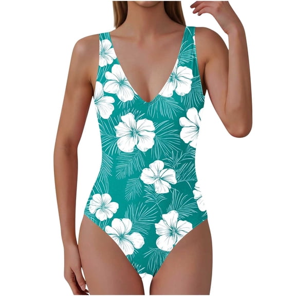 Enjoytime Tummy Control Swimsuits for Women Floral Printed V-Neck One Piece Bathing Suit Athletic Modest Swimwear with Padded Bra
