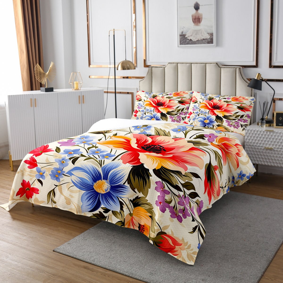 YST Chic Flowers Twin Quilt Set Blue Red Florals Coverlet Set Plant Themed Bedding Set Girls Women Bedspread Set Retro Blossoms Bedspread Coverlet