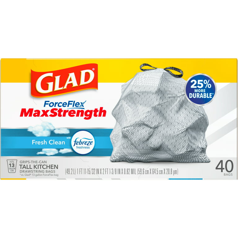 Glad® ForceFlex MaxStrength X-Large Kitchen Drawstring Trash Bags, 20 Gallon,  Fresh Clean Scent with Febreze Freshness, 30 Count, Trash Bags