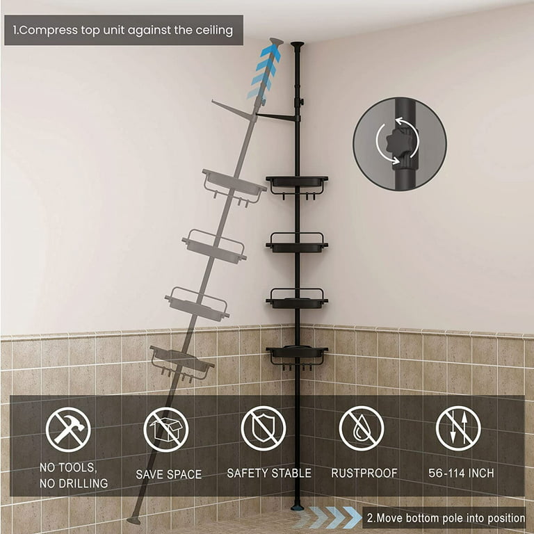 FRDECON Rustproof Shower Caddy Corner for Bathroom, 4-Tier Tension Pole  Stainless Steel Shower Organizer, 56 to 115 Inch Adjustable Bathtub Shower