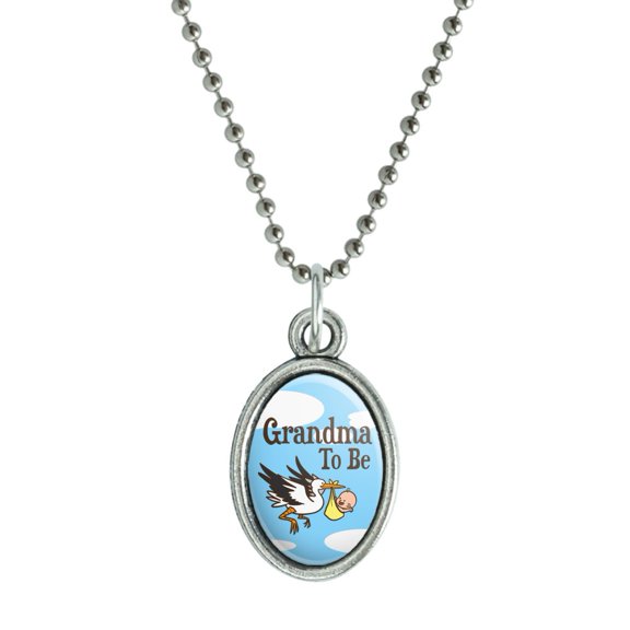 Grandma To Be Stork Baby Grandmother Antiqued Oval Charm Pendant with Chain