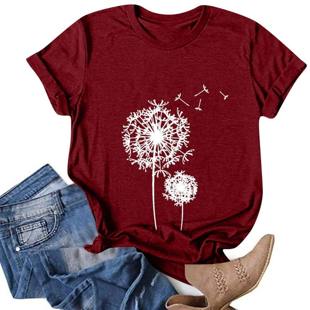 T-shirts d'Été pour Femmes à Col Rond, T-Shirt Imprimé Pissenlit, T-Shirt Décontracté à Manches Courtes, Hauts pour Femmes, Chemisiers, Chandail