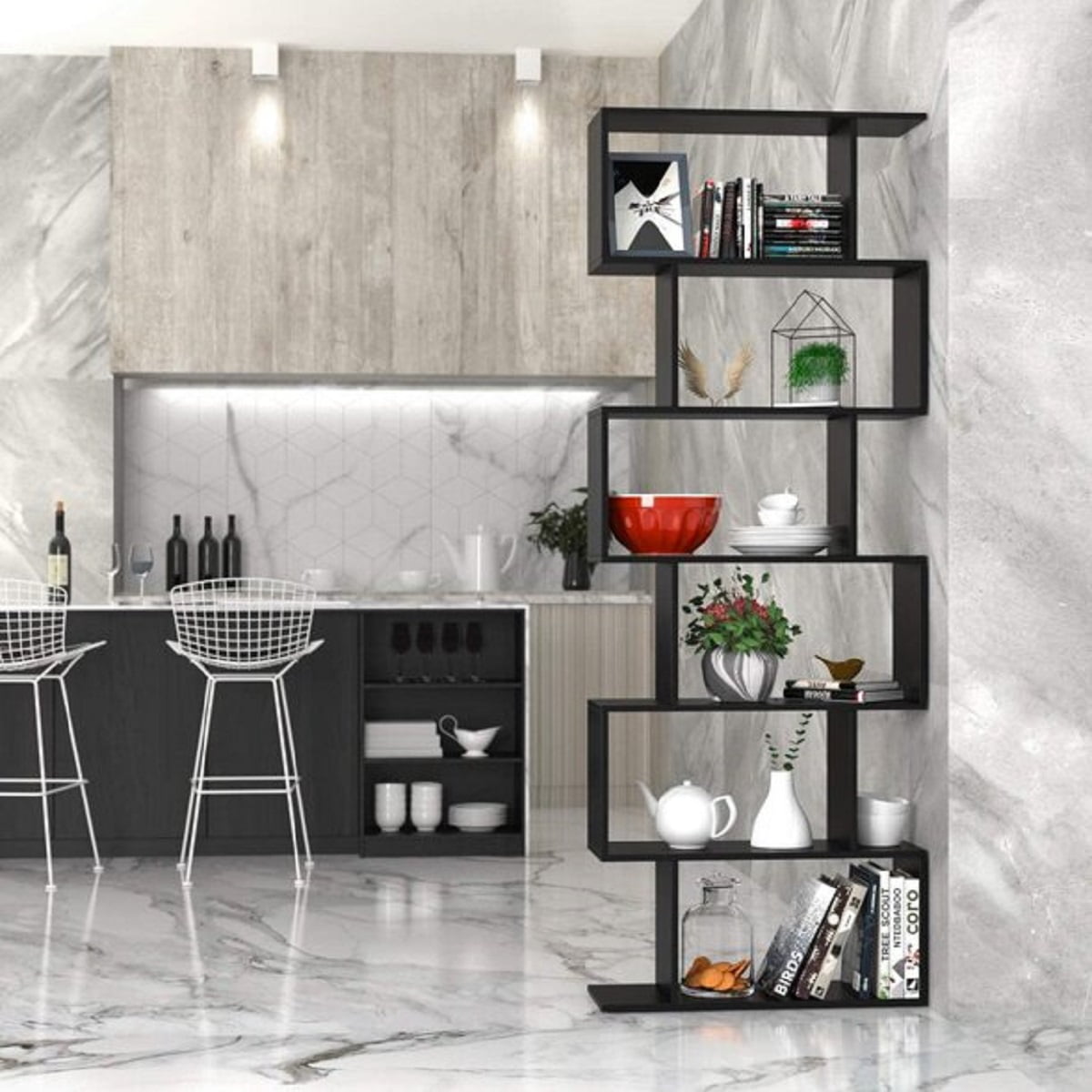 Homfa Geometric Bookcase Wooden Wood S Shape Storage Display Unit Bookcase Bookshelf 6-tier Storage, 75" H x 27.6" W, Black