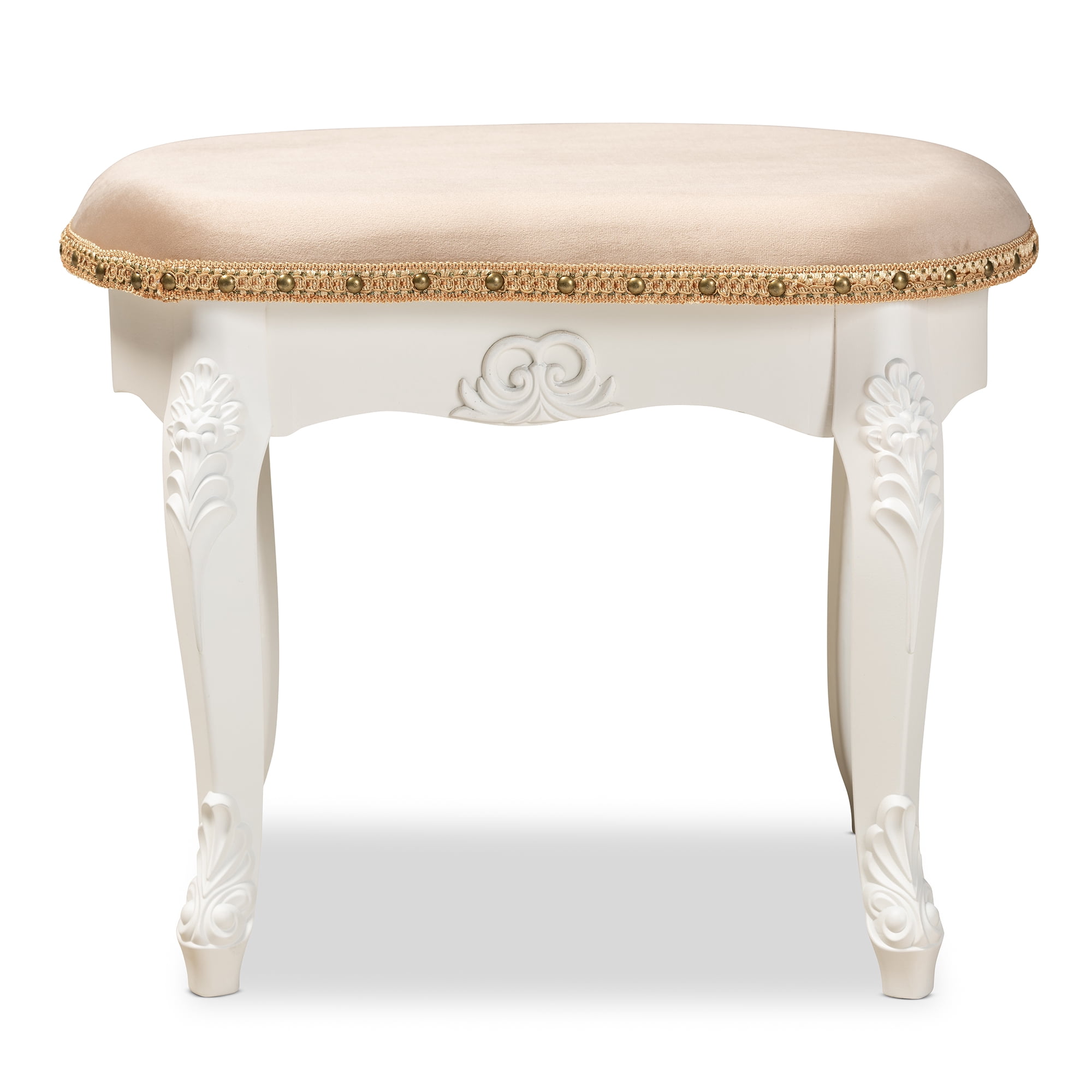 Baxton Studio Gabrielle Traditional French Country Provincial Sand Velvet Fabric Upholstered White-Finished Wood Vanity Ottoman
