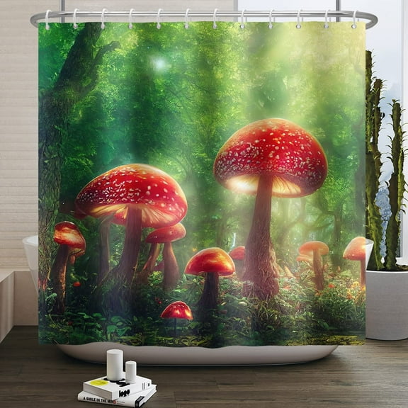72x72 Inches Forest Red Mushroom Shower Curtain Sunshine Through Misty Green Jungle Enchanted Fairytale Wonderland Fabric Shower Curtains for Bathroom Decor Waterproof with Hooks