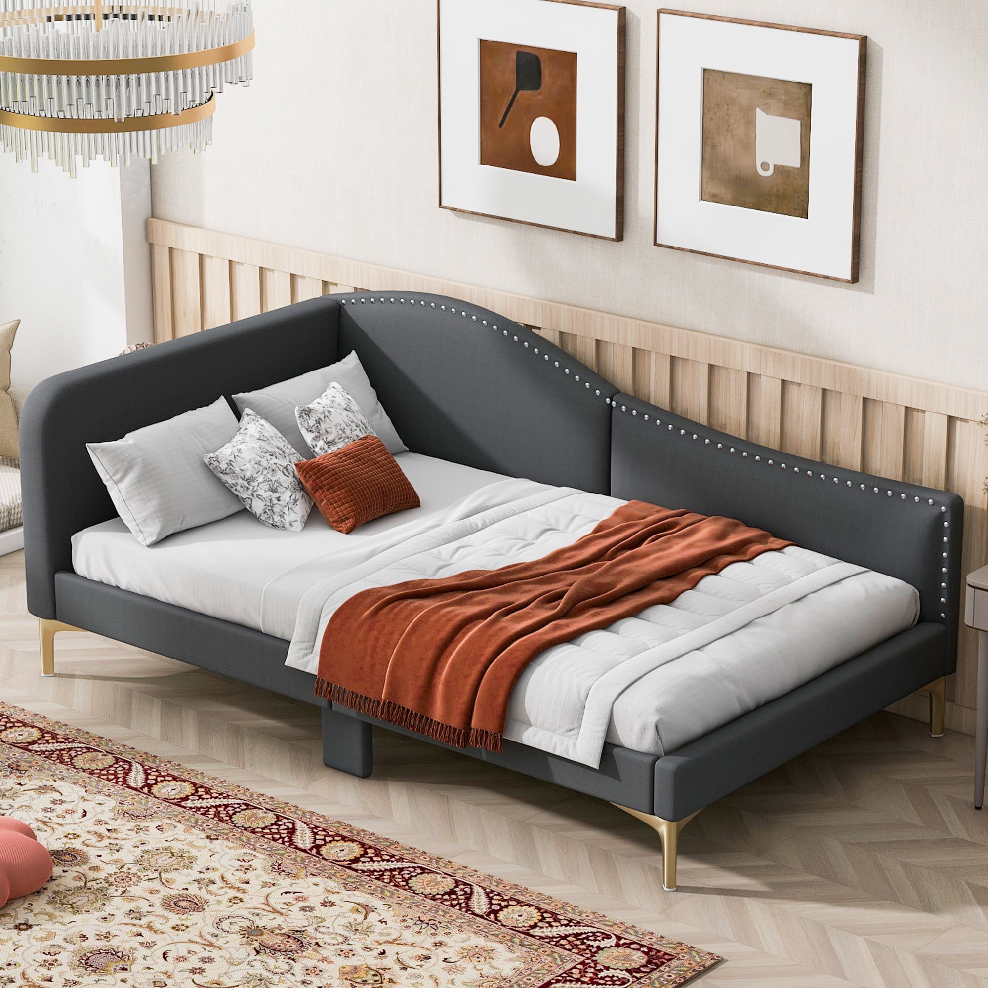 Twin Size Upholstered Daybed for Kids and Adults, Twin Daybed with Headboard and Armrest, Support Legs,Gray