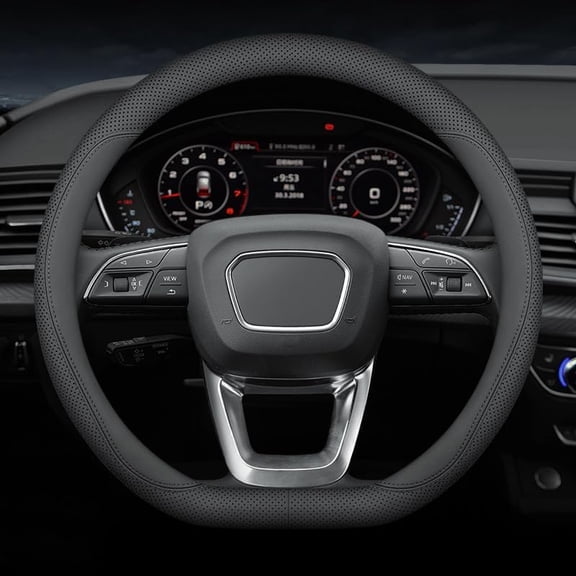 Nappa Leather Steering Wheel Cover, 15 inch D-Shaped Anti-Slip Breathable Steering Wheel Protector, Car Interior Accessories for Men Women, Black