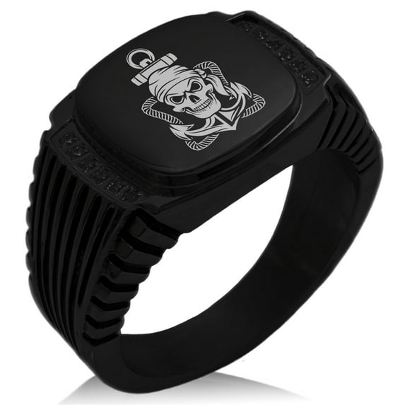 Stainless Steel Jolly Roger Pirate Skull Rope & Anchor CZ Ribbed Needle Stripe Pattern Biker Style Polished Ring