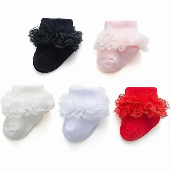 TELOLY Baby-Girls Eyelet Turn Cuff Ruffle Lace Socks Triple Lace Dressy Socks Newborn/Infants/Toddlers 3/5 Pairs