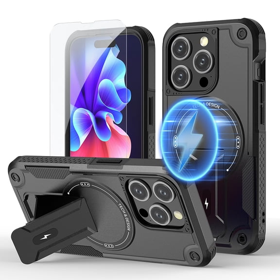 ELEHOLD for iPhone 13 Pro Max Armor Case,Hybrid Hard PC Silicone Magnetic Rugged Stand Cover Compatible with Mag Safe Accessories Heavy Duty Shockproof Protective with Screen Protector,Black