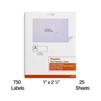 Staples Laser/Inkjet Address Labels Address Labels 1 X 2 5/8" Clear 30 Labels/Sheet 1500/Carton
