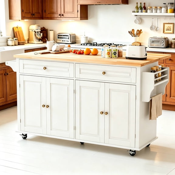 JassmiPkwy 67’’ Movable Kitchen Island with Drop Leaf Countertop, with Storage, 2 Drawers, Towel Rack, White