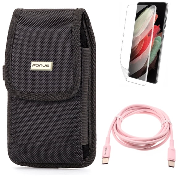 Matte Screen Protector w Case Belt Clip w Pink 6ft Long Cable for Samsung Galaxy S21 Plus - TPU Film Anti-Glare, Rugged Holster, USB-C to Type-C PD Fast Charger Accessory Bundle