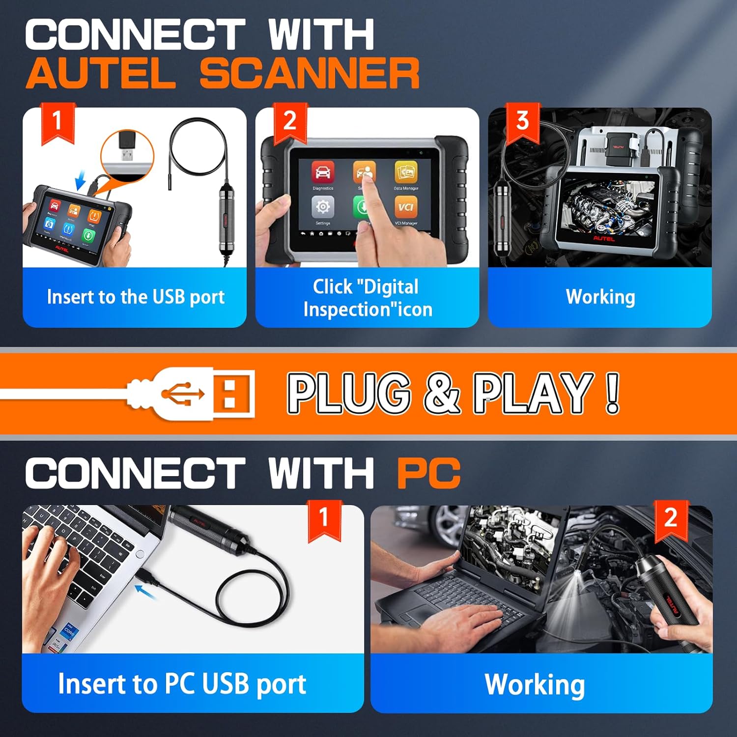 AUTEL MaxiVideo MV108S Inspection Camera, Waterproof 8.5mm Imager USB Endoscope with Light, 1920x1080 HD 2MP Borescope for Autel Scanner & PC