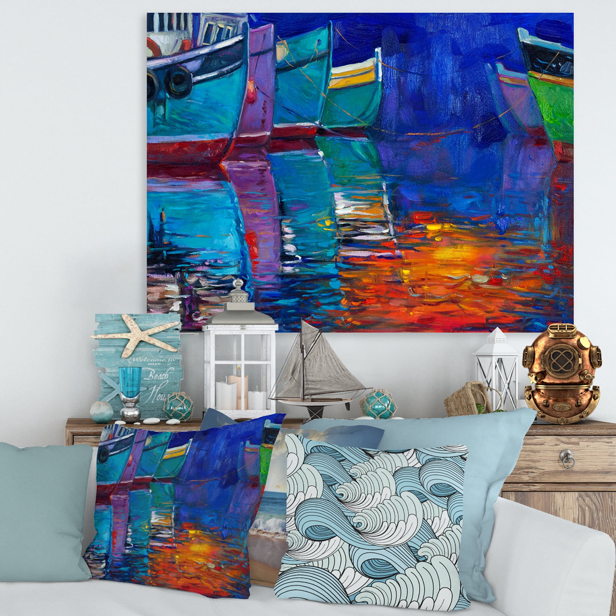 Designart ' Boats During Warm Sunset Resting On The Water I ' Nautical & Coastal Canvas Wall Art Print