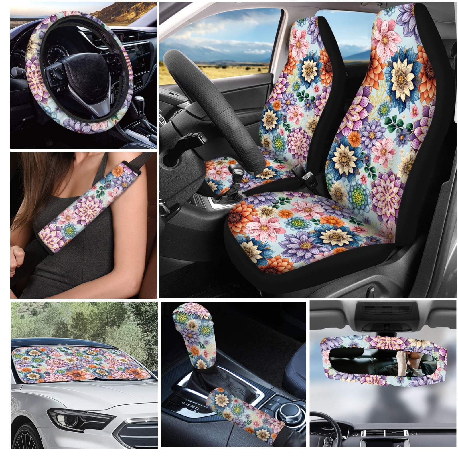Yuyamidu Dalia Car Seat Covers Full Set of 16 Flower Automotive Steering Wheel Covers Sun Shade Seatbelt Pads Car Coasters Handbrake Cover Set Rear View Mirror Cover Keychain for Women