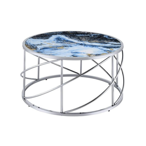 ACME Lyda Contemporary Metal/Marble Coffee Table in Blue Print and Chrome