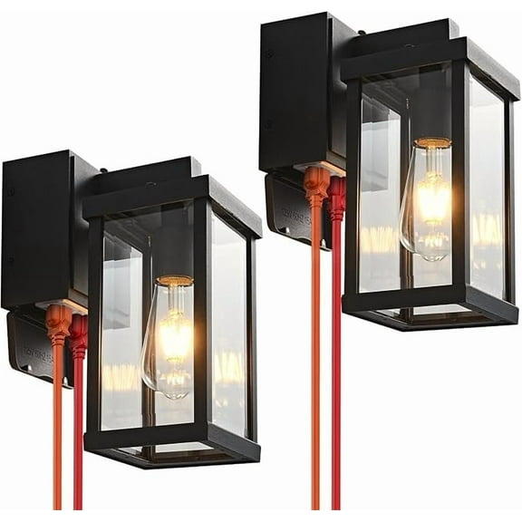 Dusk to Dawn Porch Lights with GFCI Outlets Waterproof Outdoor Wall Lights Exterior Lighting Fixtures Modern Outside Lights Wall Mount for House Patio Garage,Black,11.8''H,1PC