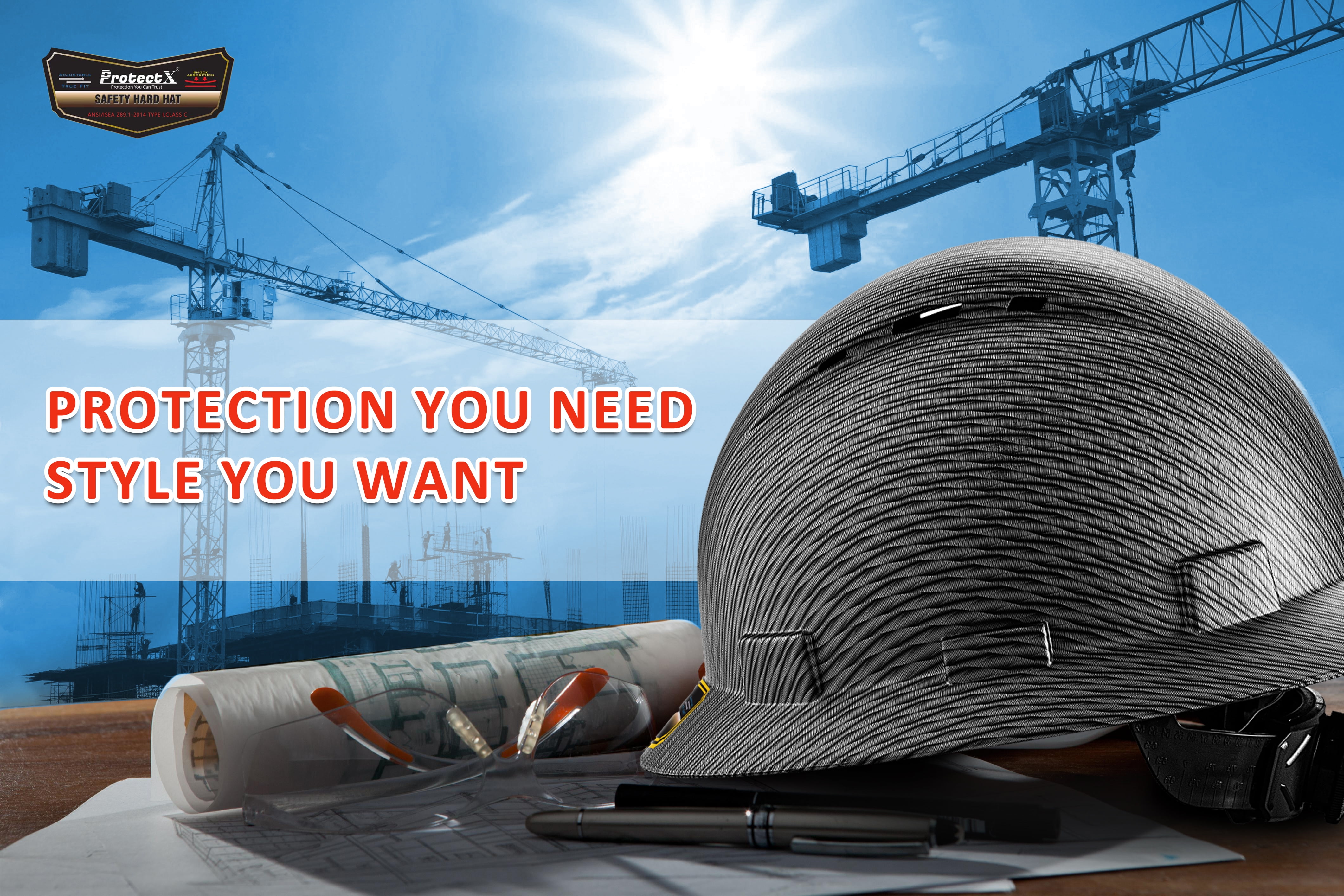 ProtectX Premium Full Brim Hard Hat, Cascos De Construccion for Safety, Vented, 6-point Adjustable Ratchet Suspension, Grey Long Carbon Fiber, OSHA/ANSI Compliant