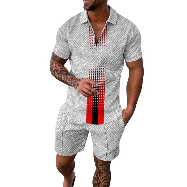 toraway Fashion Mens Sets 2 Piece Outfits Striped Male Casual Striped Gradient Ramp Print Two Piece Suit Zipper Short Sleeve Top Blouse Suit Drawstring Pocket Short Set L