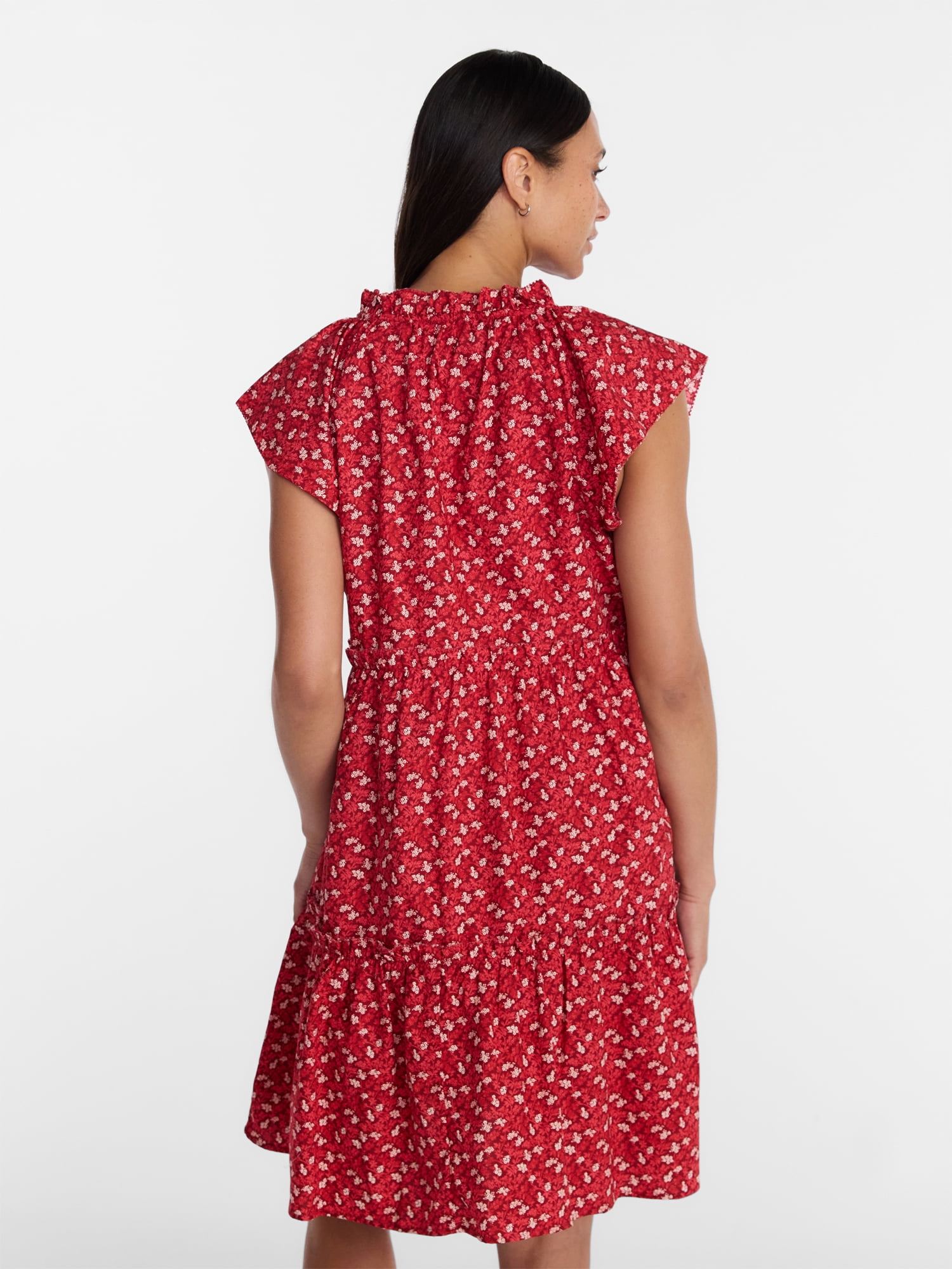 Time and Tru Women's Tiered Cotton Mini Dress with Flutter Sleeves, Sizes XS-4X