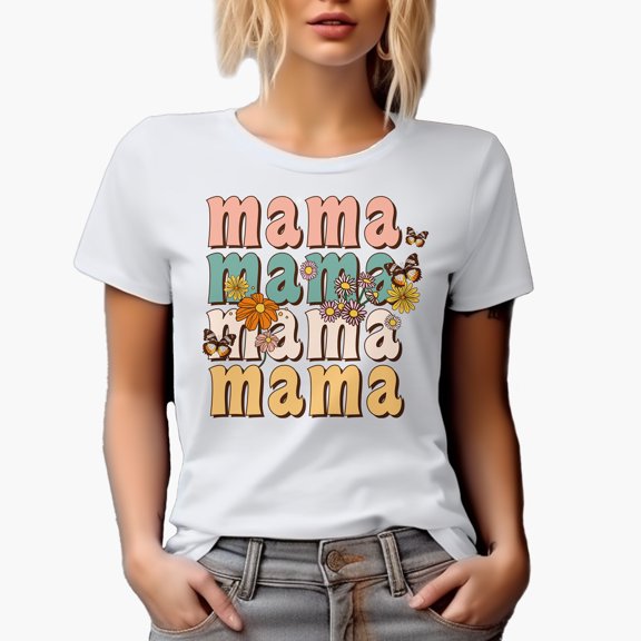Mama with Butterflies & Flowers, Retro Mother's Day Art Merch Gift, White T-Shirt, Small