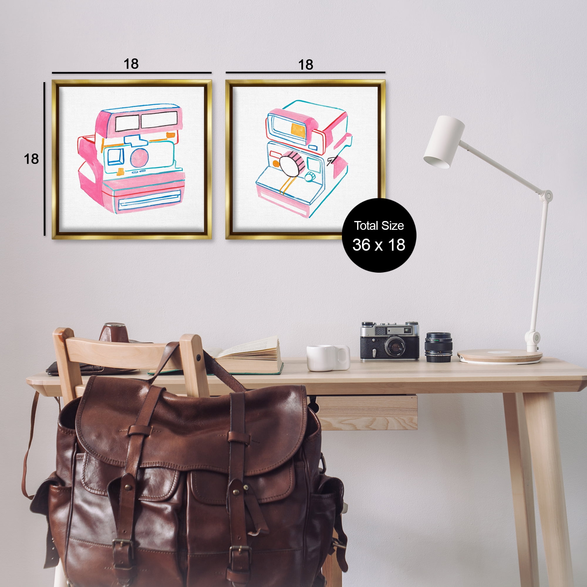 Stupell Industries Hand Drawn Vintage Camera Entertainment Painting Gold Floater Framed Canvas Art Print Wall Art, 18 x 18, Set of 2