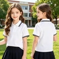 thumbnail image 2 of Children Polo Shirts Short Sleeve Collared Shirt Striped Collar Cuffs 2 Buttons Top for Unisex Casual Loose Summer Top for School Class Uniform White 160, 2 of 4