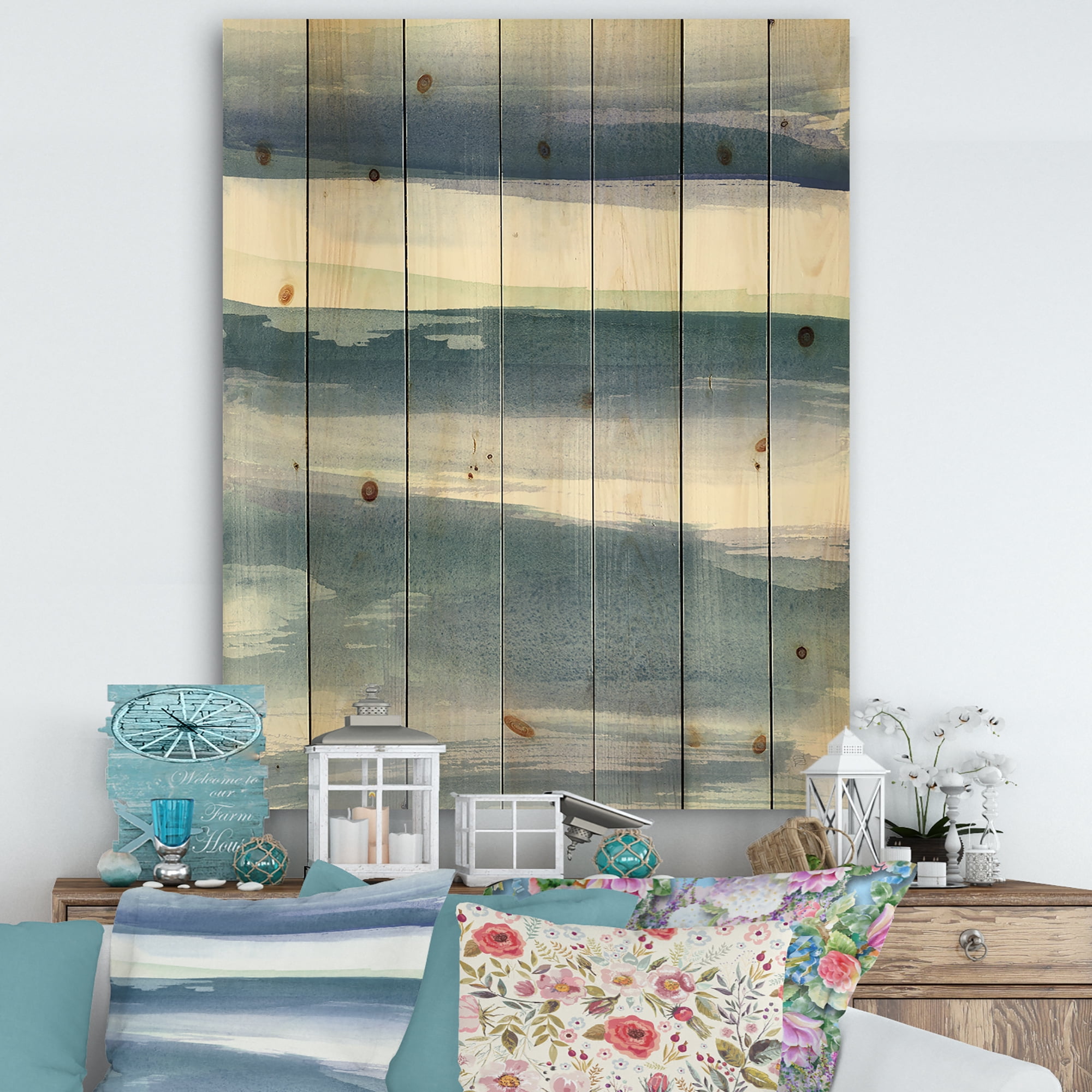 Designart 'Mint Indigo Dawn III' Farmhouse Print on Natural Pine Wood