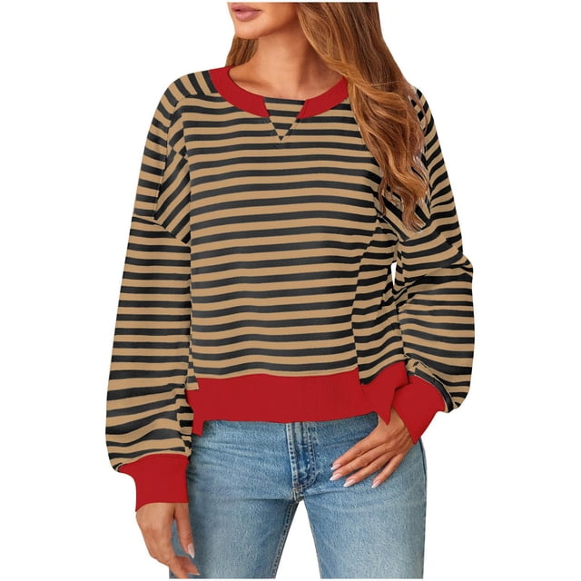 WEAIXIMIUNG Robe Chandail Femme Grande Taille Femme Col Rond Chandails Légers Manches Longues Rayé Imprimé Ample Chandail à Enfiler Chandails Haut Blouse