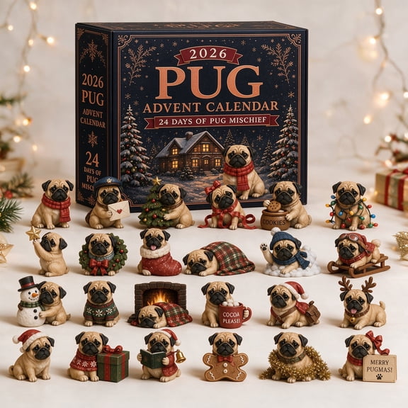 2026 Pug Collection Advent Calendar, 24-Piece 2D Acrylic Hanging Ornament Set, Christmas Countdown Decor for Xmas Tree Home and Dog Lovers