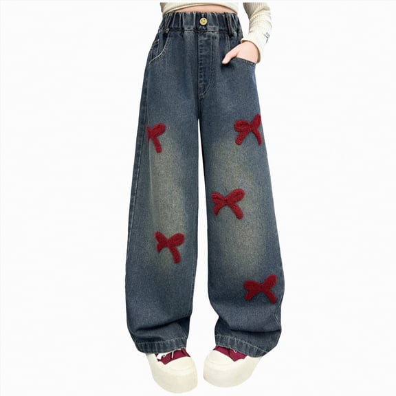 NOLDARES Girls Jeans Baggy Wide Leg Cute Teen Denim Pants Junior Mid Rise Elastic Band with Pockets Casual Clothes(Black,6-7 Years)