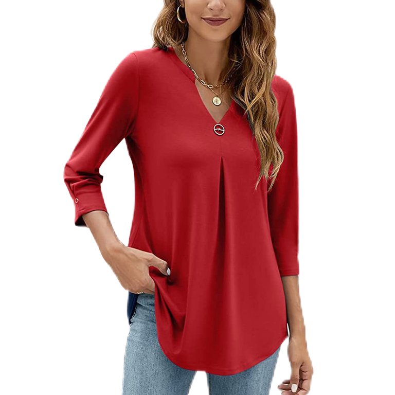 Niuer Solid Color T-shirt for Women Loose Pullover V Neck Blouse Dailywear  Pleated Casual Swing Tops 